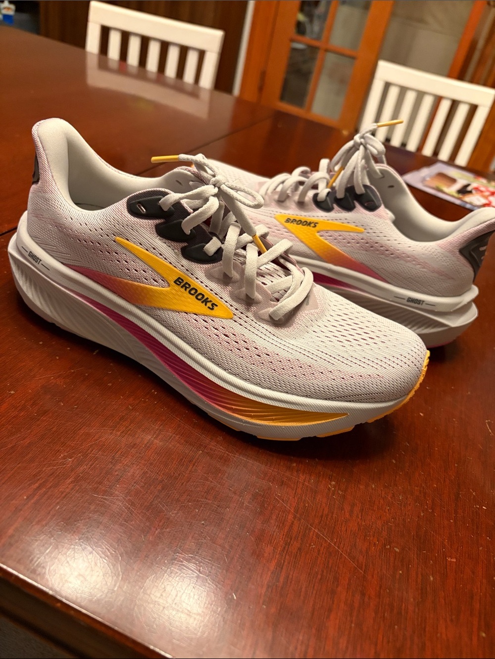 Brooks Ghost 17 Women’s Pale Pink Running Shoes with Yellow and Hot Pink Accents